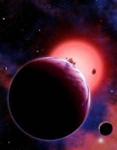 Ilustración 1: El planeta GJ 1214b, mostrado aquí en una concepción artistica con dos lunas hipotéticas, orbitando una enana roja a 40 años luz de la Tierra